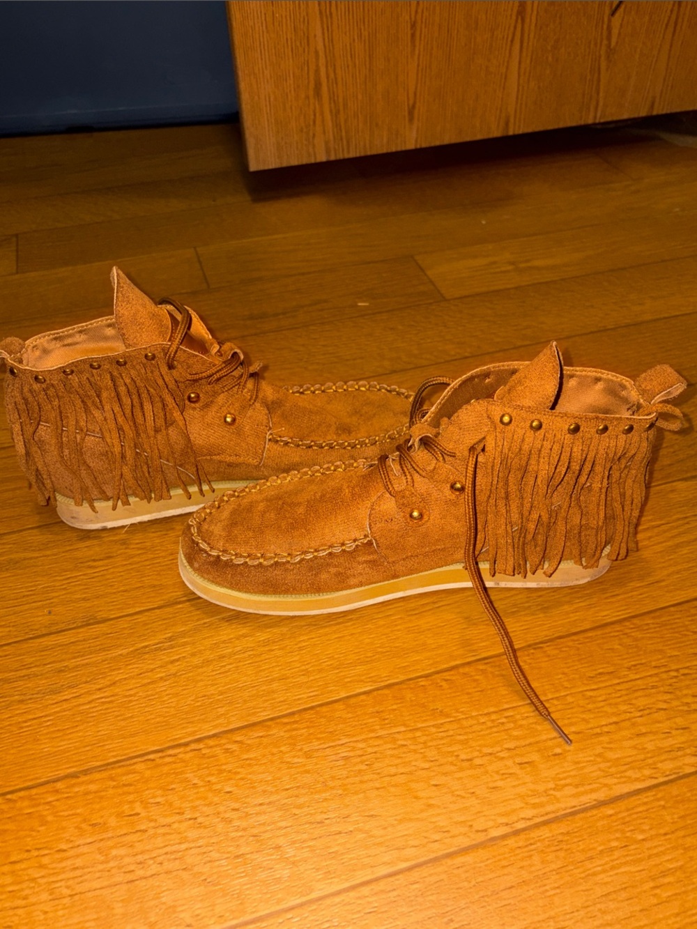 Fringed Suede Moccasin Ankle Boots - Tan